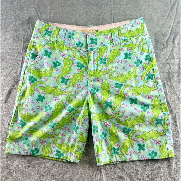 Lilly Pulitzer Shorts Women’s Size 2 Resort Fit Blue/Pink Alligator Cotton Check - Picture 14 of 15